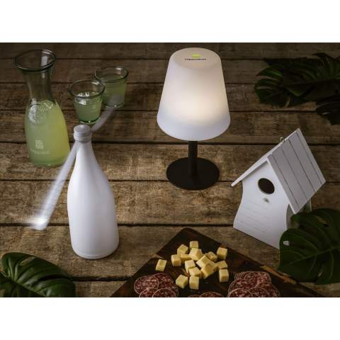 The Gusta solar table lamp has a sleek and stylish design. This durable lamp has a metal base and a lampshade made from sturdy plastic. With two light modes: a position for cosy mood lighting and a position with a bright light suitable for reading. With a charging time of 6 to 8 hours, when the lamp is fully charged, you can use it for 6 to 8 hours on the low light setting or 3 to 4 hours on the high light setting. The ideal lamp for a terrace, balcony or campsite, but also fun for indoor use. Each item is individually boxed.