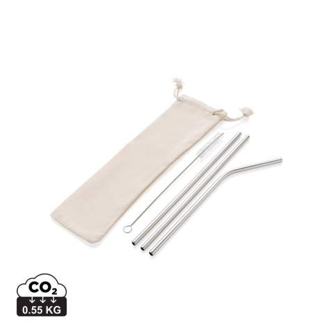Phase out the use of plastic straws and upgrade to a durable metal straw that you can take everywhere with you and re-use time after time. This set features 2 straight straws and one bent straw made of durable 304 stainless steel. Take the set anywhere in the convenient cotton pouch. Including a brush for easy cleaning. Dishwasher safe. BPA free.