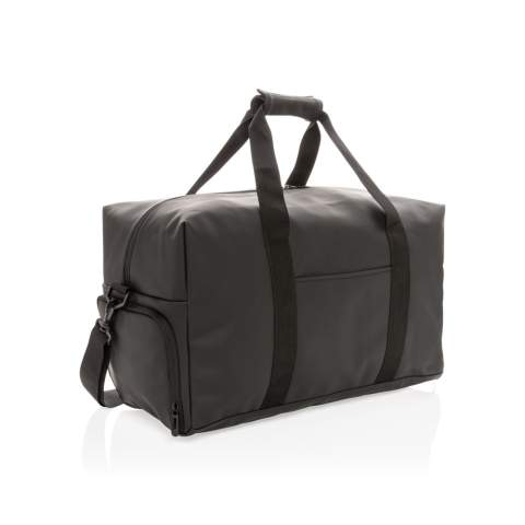 This weekend duffel made of smooth PU is suitable for daily trips to the gym as it is for a weekend getaway. It features a boxy minimalist design and has an external front pocket, inside pocket and a large main compartment. The bag has a convenient shoe compartment on the side. This bag can be worn over the shoulder or crosswise with the adjustable fabric carrying strap or carried by hand with the sturdy fabric handles. Exterior 100% PU. Interior 100% 210D polyester. PVC free.<br /><br />PVC free: true