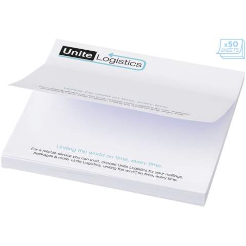 Mémo-autocollants Sticky-Mate® comprenant des feuilles auto-collantes de papier vierge de 80 g/m² en différentes couleurs. Marquage en couleurs pleines possible sur chaque feuille. Trois tailles possibles (25/50/100 feuilles).