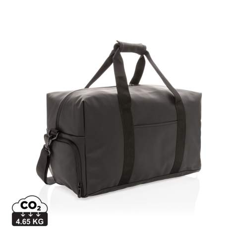 This weekend duffel made of smooth PU is suitable for daily trips to the gym as it is for a weekend getaway. It features a boxy minimalist design and has an external front pocket, inside pocket and a large main compartment. The bag has a convenient shoe compartment on the side. This bag can be worn over the shoulder or crosswise with the adjustable fabric carrying strap or carried by hand with the sturdy fabric handles. Exterior 100% PU. Interior 100% 210D polyester. PVC free.<br /><br />PVC free: true