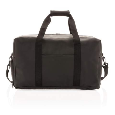 This weekend duffel made of smooth PU is suitable for daily trips to the gym as it is for a weekend getaway. It features a boxy minimalist design and has an external front pocket, inside pocket and a large main compartment. The bag has a convenient shoe compartment on the side. This bag can be worn over the shoulder or crosswise with the adjustable fabric carrying strap or carried by hand with the sturdy fabric handles. Exterior 100% PU. Interior 100% 210D polyester. PVC free.<br /><br />PVC free: true