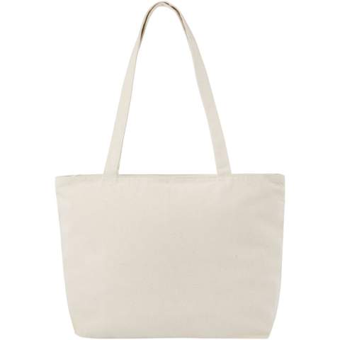 The clean design of the Ningbo gives this tote bag large imprint areas and is, therefore, a fantastic option for meetings, conventions and trade shows. The tote bag consists of 320 g/m² cotton, making it tremendously strong and suitable for carrying heavy items. The tote bag closes with a zipper, keeping the contents well protected. With 31.5 cm long handles, the Ningbo tote bag is easy to carry over the shoulder. Resistance up to 10 kg weight.