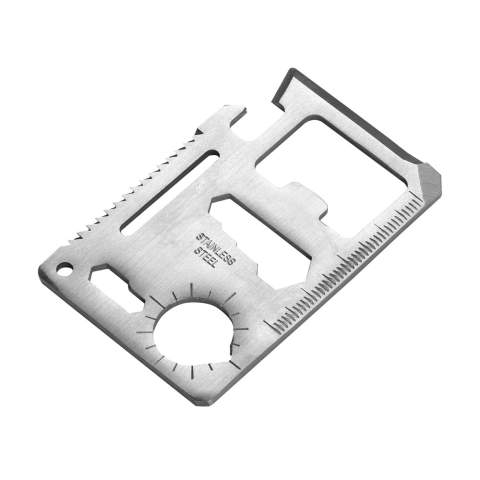 Multitool aus Edelstahl in Kreditkartenformat mit 11 Funktionen: Dosenöffner, Schraubenzieher, Lineal, Kapselheber, Schraubenschlüssel, Flügelzange, Säge, Winkelmesser, 2-seitiger Schraubenschlüssel und Schlüsselanhänger. In einem Etui aus Imitatleder. Inklusive Gebrauchsanweisung.