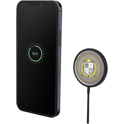 Stylish aluminium magnetic wireless charger with a wireless output of up to 15W for quick charging. Compatible with all Qi devices (iPhone 8 or above and Android devices that supports wireless charging). Delivered in a premium kraft paper box with a colourful sticker.