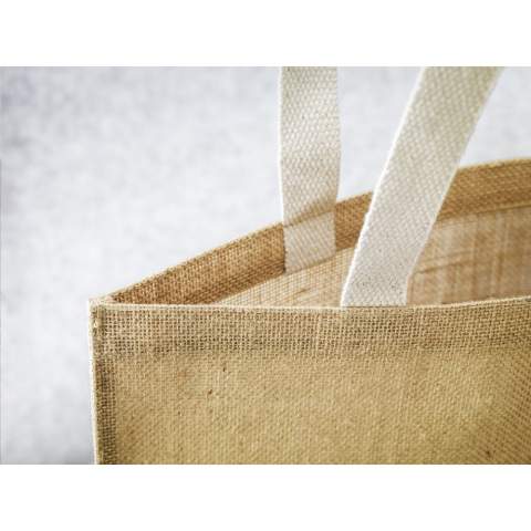 WoW! Tough, durable jute shopping bag with laminated interior and long woven cotton handles. OEKO-TEX® certified. Capacity approx. 8 litres.   For information: due to the coarseness of the fabric, the ability to imprint small details of a logo, thin lines and small letters is limited. We may therefore, after receiving your logo, advise you to adjust or enlarge the logo.