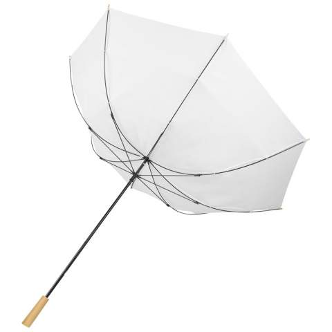 Golf umbrella with a recycled PET pongee polyester canopy fitting 2 persons. The sturdy metal shaft and high quality frame with fibreglass ribs offers maximum flexibility in windy conditions. Together with the wooden handle, tips, and the recycled PET pongee polyester canopy it offers a sustainable choice. Available in a wide variety of contemporary colours with a large decoration area on each of the panels.