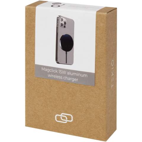 Stylish aluminium magnetic wireless charger with a wireless output of up to 15W for quick charging. Compatible with all Qi devices (iPhone 8 or above and Android devices that supports wireless charging). Delivered in a premium kraft paper box with a colourful sticker.