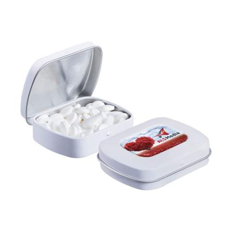 Mini hinged tin white with full colour doming and filled with approx. 23 gram sugar free mints, including ingredients sticker and seal