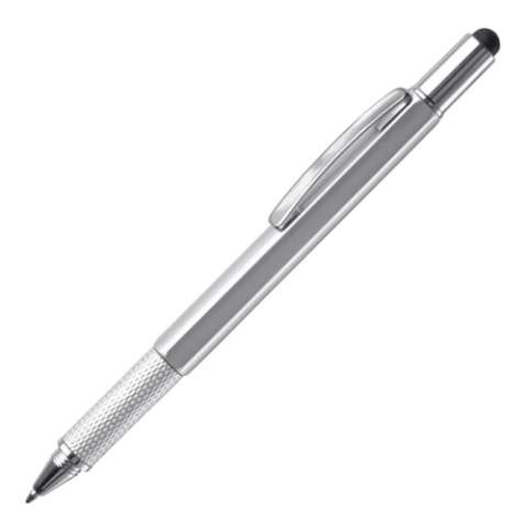 Multi-functional ball pen with touchscreen tip, including a screwdriver, ruler and spirit level featuring blue writing ink.