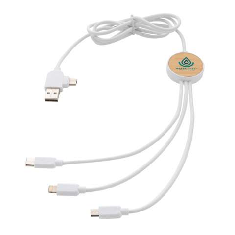 120 cm long multi cable made with certified recycled materials. Comes with 5 different connectors: USB C in, USB A in, type C out, IOS out and micro USB out. This also allows you to use the cable with type C output devices that are included in the newer generation of phones and macbook computers. The cable also has a USB A output input option so it can charge any device from any output source.  Casing made from FSC® bamboo and 100% RCS certified recycled ABS cables made from 100% RCS certified RCS TPE material. Total recycled content: 62% based on total item weight. Max cable length: 120 cm. Packed in FSC®mixed kraft sleeve packaging. PVC free.<br /><br />PVC free: true