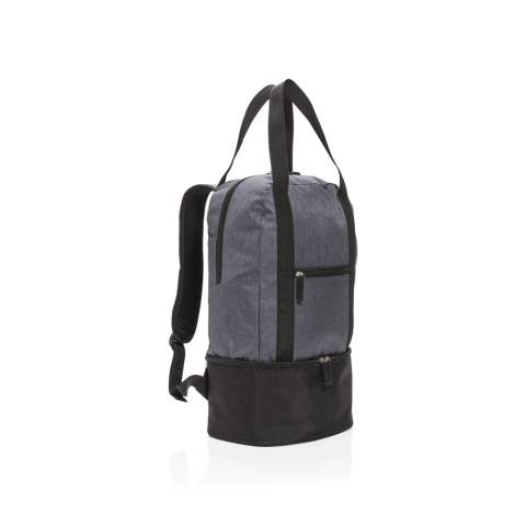 This two tone 500D polyester backpack has a main compartment for your beach gear and a bottom cooler compartment with space for up to 8 cans. Easy switch to tote bag with the straps.<br /><br />PVC free: true