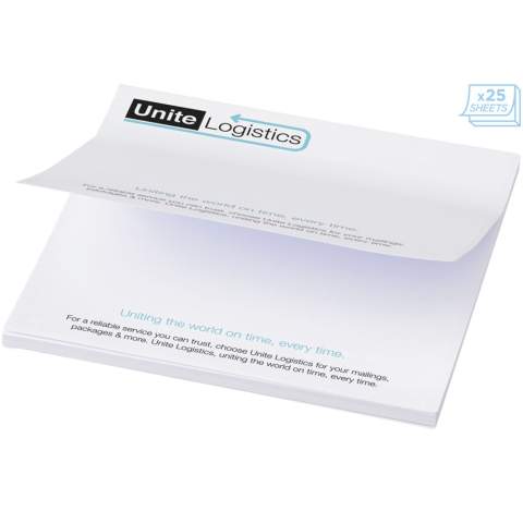 Mémo-autocollants Sticky-Mate® comprenant des feuilles auto-collantes de papier vierge de 80 g/m² en différentes couleurs. Marquage en couleurs pleines possible sur chaque feuille. Trois tailles possibles (25/50/100 feuilles).