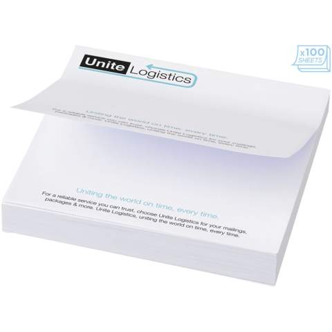 Mémo-autocollants Sticky-Mate® comprenant des feuilles auto-collantes de papier vierge de 80 g/m² en différentes couleurs. Marquage en couleurs pleines possible sur chaque feuille. Trois tailles possibles (25/50/100 feuilles).