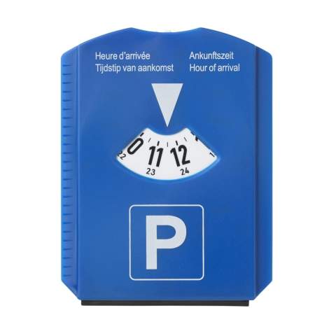 Parkeerschijf van duurzaam kunststof met ijskrabber, rubberen ruitenwisser, 1 winkelwagenmuntje en bandenprofielmeter.