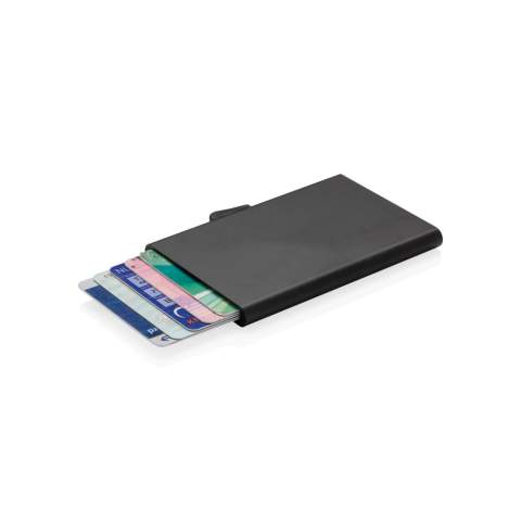 This solid aluminium card holder protects your most important cards against electronic pickpocketing. No more broken or bent cards. It can hold up to 7 cards or 5 embossed cards. Easy side slider will push the cards up gradually.