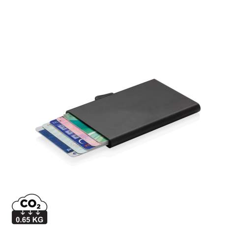 This solid aluminium card holder protects your most important cards against electronic pickpocketing. No more broken or bent cards. It can hold up to 7 cards or 5 embossed cards. Easy side slider will push the cards up gradually.