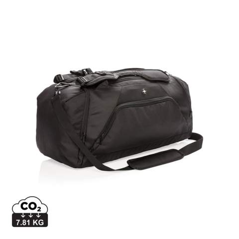 Lightweight 1680D and 600D polyester 2-in-1 bag. Works as both a backpack & duffle. Includes a roomy main compartment with a U-shaped top zipper closure, a side entry shoe or dirty clothes compartment and a side zippered pocket. The back with a bottle holder pocket and quick access pocket. Front zippered pocket with 2 RFID protected sleeves. Adjustable shoulder straps for carrying comfort and versatility. PVC Free.<br /><br />PVC free: true