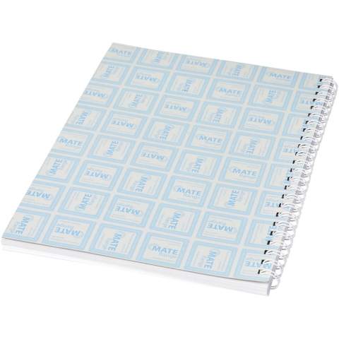 Desk-Mate® spiral A4 notebook. This notebook includes a white or black wire, a glossy card front cover (250 g/m2) and blank paper (80 g/m2). Standard delivered with 50 sheets, also available with 80 sheets. You can customise the pages of this versatile notebook with any design - so whether you want lined paper, squares or dots - anything is possible!