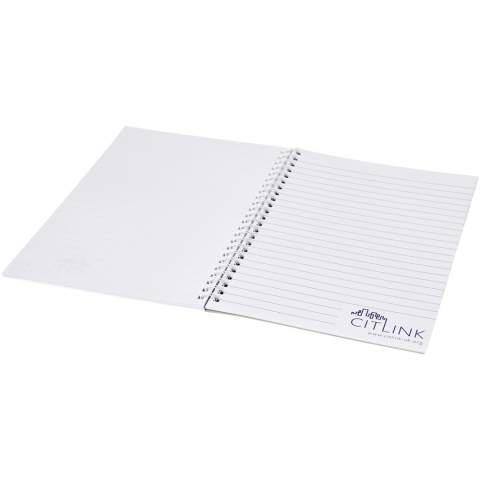 Desk-Mate® spiral A4 notebook. This notebook includes a white or black wire, a glossy card front cover (250 g/m2) and blank paper (80 g/m2). Standard delivered with 50 sheets, also available with 80 sheets. You can customise the pages of this versatile notebook with any design - so whether you want lined paper, squares or dots - anything is possible!