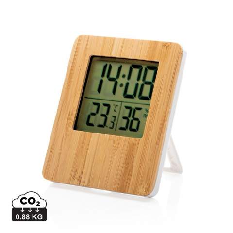 Bamboo weather station with 3 functions: time/date, indoor humidity and temperature. Including 2 AAA batteries for direct use. Bamboo and ABS material. Humidty tolerance max 5%.