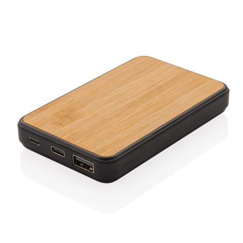 Powerbank de poche de 5000 mAh fabriqué à partir d'un matériau ABS recyclé certifié RCS (Recycled Claim Standard) avec finition soft touch et bambou certifié FSC®.  Contenu recyclé total : 23 % sur la base du poids total de l'article. La certification RCS garantit une chaîne d'approvisionnement entièrement certifiée pour les matériaux recyclés. Lorsqu'il est complètement chargé, il vous fournira suffisamment d'énergie pour recharger votre téléphone portable jusqu'à trois fois. Le powerbank contient une batterie au lithium-polymère haute densité de classe A de 5 000 mAh. Les indicateurs de puissance indiquent le niveau d'énergie restant pour que vous sachiez toujours quand recharger. Entrée Type-C 5V/2A, Entrée Micro USB 5V/2A. Sortie 5V/2A. Emballé dans un emballage FSC® mix. Câble de chargement en TPE recyclé certifié RCS inclus.<br /><br />PowerbankCapacity: 5000<br />PVC free: true