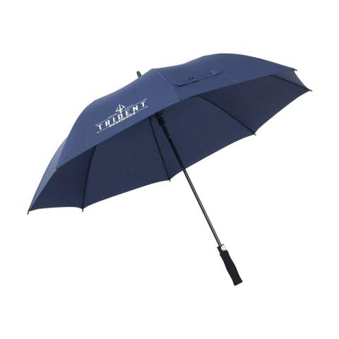 WoW! 190T RPET pongee umbrella (made from recycled PET bottles) with an extra-large screen diameter of 132 cm. Features include automatic telescopic suspension for ease of opening, fiberglass frame and stem, soft foam handle, velcro closure and water repellent. RCS-certified. Total recycled material: 18%.