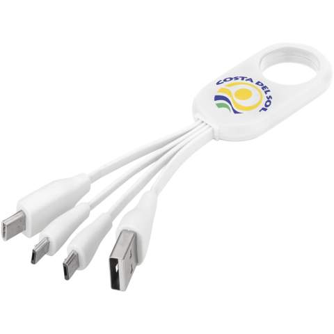 USB data- en oplaadkabel met 4 aansluitingen. 1 x USB, 2 x micro USB, 1 x Type-C.