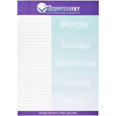 White A4 Desk-Mate® notepad with 80 g/m2 paper. Full colour print available to each sheet. Available in 3 sizes (25/50/100 sheets).