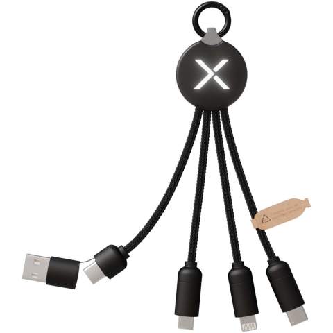 5-in-1 charging cable with 3 connectors (Type-C, Android, iPhone) and rPET cords (made from recycled plastic bottles). Thanks to its dual USB-A + USB-C input, the cable is 100% compatible with the latest computers on the market (USB-C). Metal-look finish on the end caps. The cable can charge up to 3 devices simultaneously. Delivered in a recyclable sleeve and a recycled paper card.