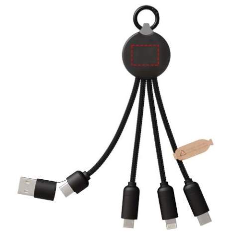 5-in-1 charging cable with 3 connectors (Type-C, Android, iPhone) and rPET cords (made from recycled plastic bottles). Thanks to its dual USB-A + USB-C input, the cable is 100% compatible with the latest computers on the market (USB-C). Metal-look finish on the end caps. The cable can charge up to 3 devices simultaneously. Delivered in a recyclable sleeve and a recycled paper card.