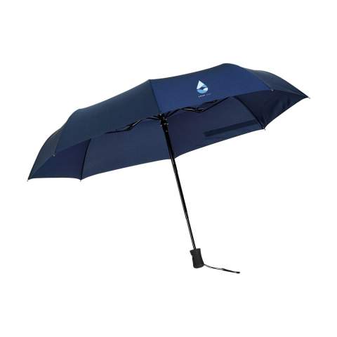 Fully-automatic foldable (open/close) umbrella. With a metal shaft and frame, soft handle and velcro fastening. In a storage cover.