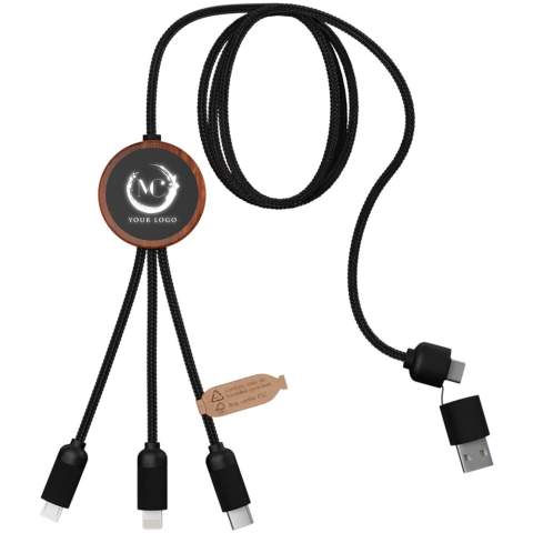 5-in-1 oplaadkabel van gerecycled PET met oplichtend logo en ronde bamboe behuizing. Het oplichtende logo is aan beide kanten zichtbaar. Voorzien van 3 connectoren (type C, micro USB, iPhone) en een dubbele USB-connector voor universeel gebruik. Geleverd in een TPU zakje, met een kaart van kraftpapier. Kabellengte: 1 meter. Inclusief 3 jaar garantie.