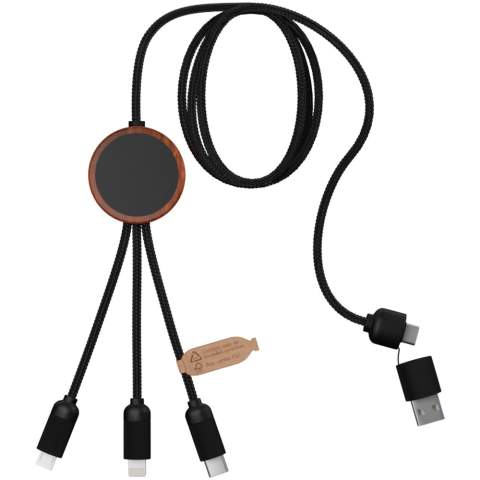 5-in-1 oplaadkabel van gerecycled PET met oplichtend logo en ronde bamboe behuizing. Het oplichtende logo is aan beide kanten zichtbaar. Voorzien van 3 connectoren (type C, micro USB, iPhone) en een dubbele USB-connector voor universeel gebruik. Geleverd in een TPU zakje, met een kaart van kraftpapier. Kabellengte: 1 meter. Inclusief 3 jaar garantie.