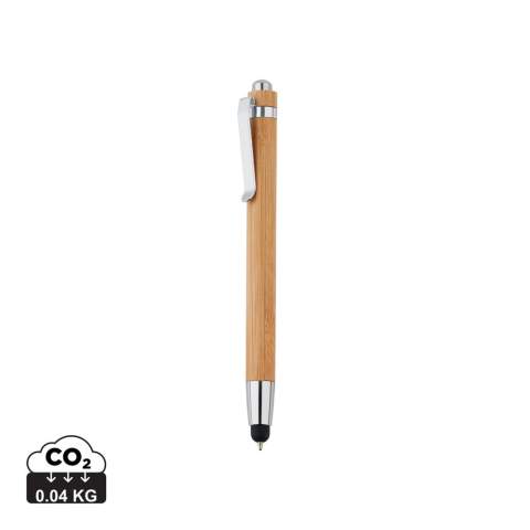 Bamboo touch pen with integrated stylus tip and ballpoint.