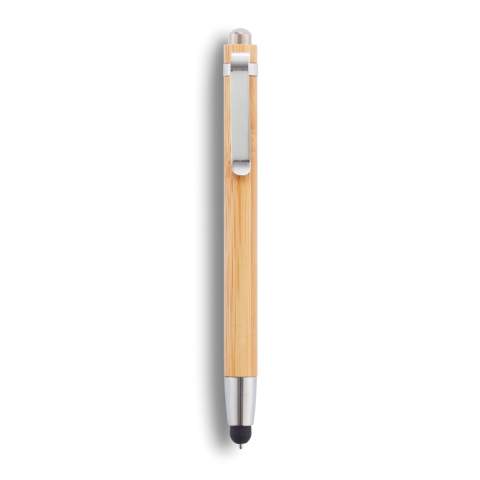 Bamboo touch pen with integrated stylus tip and ballpoint.