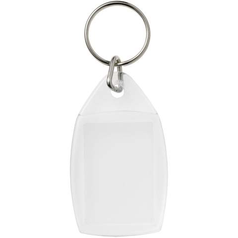 Porte-clés transparent P5 avec anneau fendu en métal. Dimensions de l’insert pour impression : 3,5 cm x 2,4 cm.