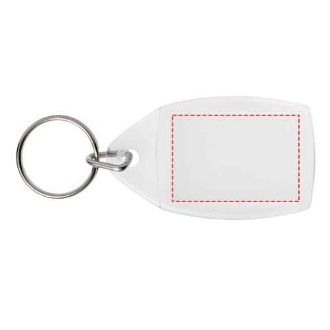 Porte-clés transparent P5 avec anneau fendu en métal. Dimensions de l’insert pour impression : 3,5 cm x 2,4 cm.