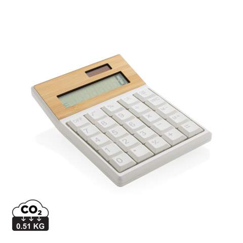 8 digit calculator made with RCS (Recycled Claim Standard) certified recycled ABS and FSC® 100% bamboo. Total recycled content: 70 % based on total item weight. RCS certification ensures a completely certified supply chain of the recycled materials. With solar for re-charging and cell batteries for direct use.<br /><br />PVC free: true