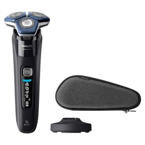 The Philips Series 7000 shaves effortlessly across your skin, even after three days of beard growth, and removes every hair close. For optimal skin protection, the shaver is equipped with advanced SkinIQ technology, which senses your skin, adapts and corrects the movement. This reduces friction and minimizes irritation, thanks to the protective coating of up to 250,000 microtech beads per square centimeter between the shaving heads and your skin, making shaving 30% easier. The SteelPrecision blades make up to 90,000 cuts per minute, ensuring a close shave with more hair per stroke. The 45 self-sharpening, high-quality blades are manufactured in Europe. Motion detection technology tracks and helps you improve your shaving technique, so you develop a more efficient technique and fewer strokes after three shaves. To enhance your shaving experience, you can pair your shaver with the Philips GroomTribe app, which tracks your progress shave after shave. To promote sustainability, the device comes with a USB-C charging cord, but no adapter.