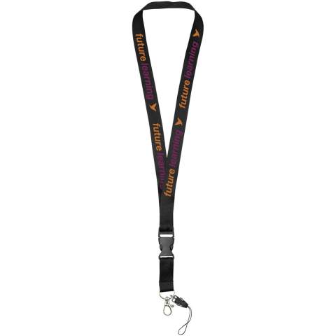 Multifunktions-Lanyard mit abnehmbarer Schnalle, ovalem Haken mit Krokodilklemme und Handyhalter. Ideal für das Befestigen von Namensschildern, Ausweisen oder Schlüsseln. Ein einer breiten Farbpalette mit beeindruckenden Logogrößen ist dies das umfassendste verfügbare Angebot. Einrichtungsgebühr für zweite Position entfällt, wenn auf beiden Seiten eine Werbeanbringung mit demselben Bildmaterial erfolgt.