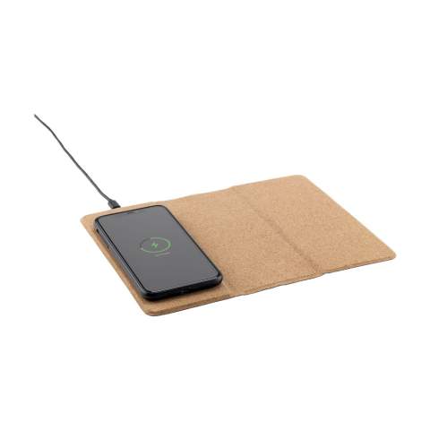 Multifunctional, wireless 10W charger mousepad. The sustainable exterior of this modern mousepad is made from eco-friendly cork. You can efforlessly navigate your mouse and charge your smartphone on this cork mouse pad. Can also be used as a phone stand. Compatible with all mobile devices that support QI wireless charging (newest generations Android and iPhone).  Input 9V/2A. Wireless output 5V/10W. Includes PVC-free cable (TPE) with micro-USB connector and user manual. Each item is supplied in an individual brown cardboard box.