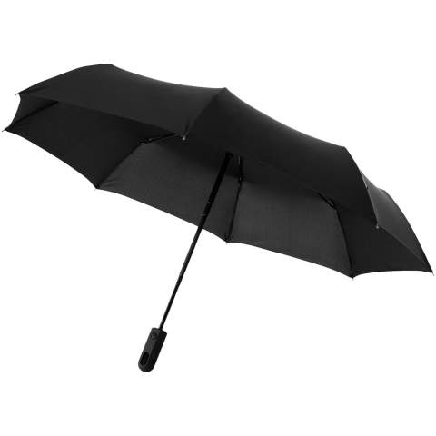 Exclusive design automatic open and close 3-section umbrella. Metal black shaft, fiberglass ribs and rubber coated plastic handle. Supplied with matching canopy colour pouch. Folds up to 31cm.