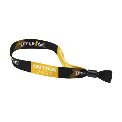 WoW! Festival strap made from RPET polyester. With self-grip closure made from recycled plastic. Includes your own full colour sublimation printing on both sides. A perfect item for controlling access to events or as a reminder of a festival. Promotional and functional.