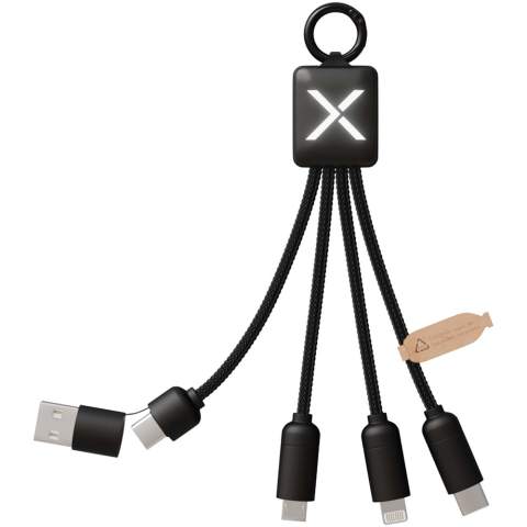 5-in-1 charging cable with 3 connectors (Type-C, Android, iPhone) and rPET cords (made from recycled plastic bottles). Thanks to its dual USB-A + USB-C input, the cable is 100% compatible with the latest computers on the market (USB-C). Metal-look finish on the end caps. The cable can charge up to 3 devices simultaneously. Delivered in a recyclable sleeve and a recycled paper card.