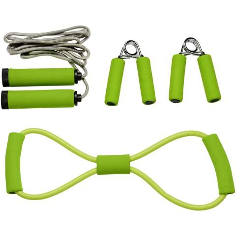 Fitness-Set mit allen Tools für ein perfektes Training. Zwei Handgrifftrainer, Springseil und Brust-Expander in farblich passendem Material. Wird in einem Netzbeutel für einfaches Tragen geliefert und hat eine große Dekorationsfläche.