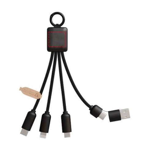 5-in-1 charging cable with 3 connectors (Type-C, Android, iPhone) and rPET cords (made from recycled plastic bottles). Thanks to its dual USB-A + USB-C input, the cable is 100% compatible with the latest computers on the market (USB-C). Metal-look finish on the end caps. The cable can charge up to 3 devices simultaneously. Delivered in a recyclable sleeve and a recycled paper card.