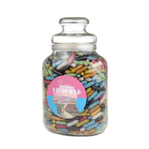 Nostalgic candy jar featuring a full color sticker on the front and filled with approx. 1200 grams of Licorice sticks mix