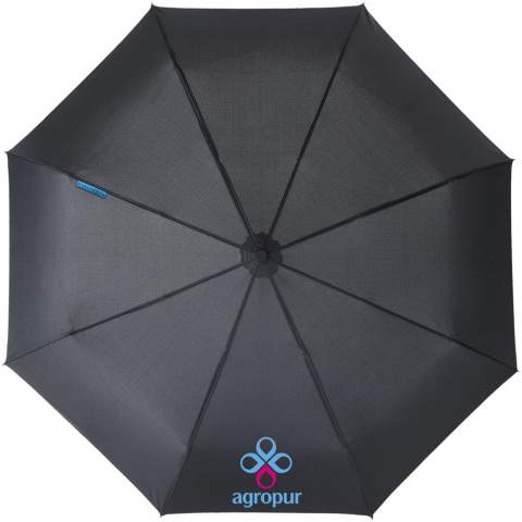 Exclusive design automatic open and close 3-section umbrella. Metal black shaft, fiberglass ribs and rubber coated plastic handle. Supplied with matching canopy colour pouch. Folds up to 31cm.