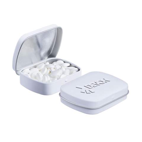 Mini hinged tin white with embossing on the lid and filled with approx. 23 gram sugar free mints, including ingredients sticker and seal (one-off mold costs 395,-)